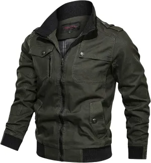 Men's Casual Military Jacket Stand Collar Jackets Coats Fashion Bomber Jackets with Shoulder Straps Pockets