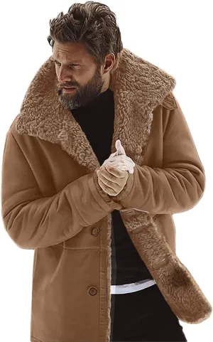 Mens Casual Sherpa Fleece Lined Jackets Mid Length Trench Coat with Fur Collar Heavyweight Winter Jackets Outwears