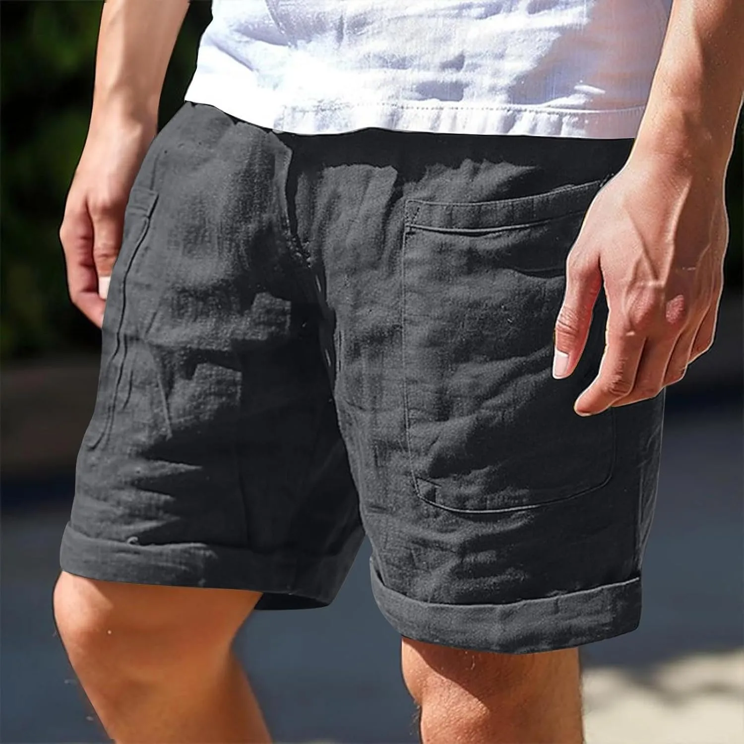 Mens Casual Shorts Cotton Relaxed Fit Summer Beach Shorts Loose Fit Elastic Waist Drawstring Lounge Short with Pocket