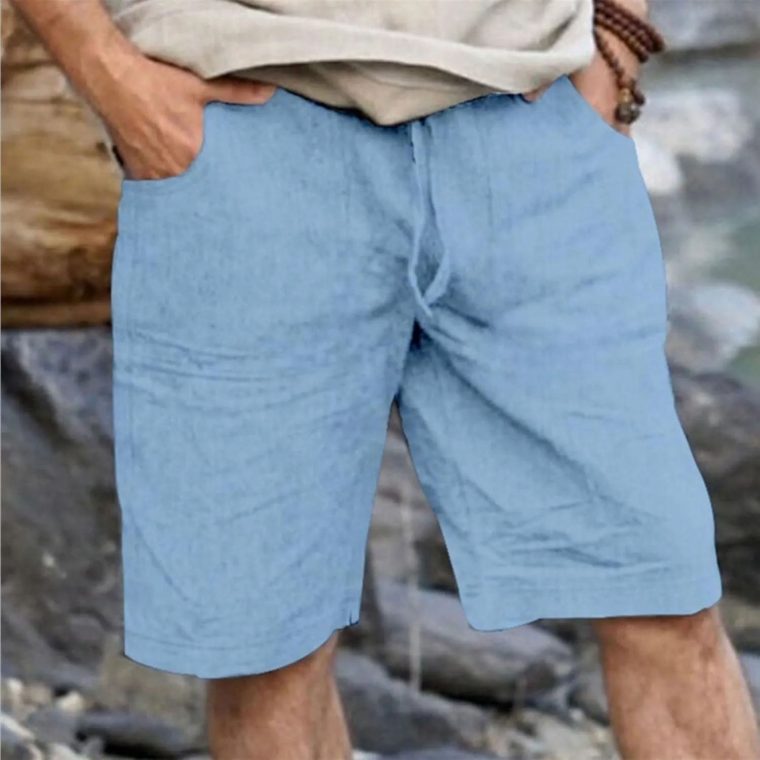 Men's Casual Shorts Elastic Waisted Drawstring Summer Beach Shorts Relaxed Fit Lightweight Breathable Short Pants