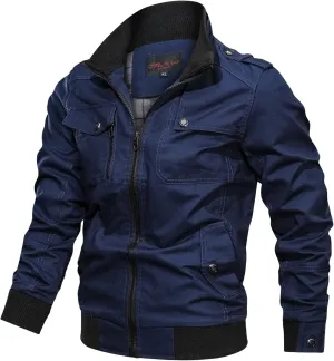 Men's Casual Stand Collar Jackets Coats Fashion Military Jacket Bomber Jackets with Shoulder Straps Pockets