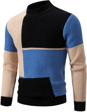 Mens Casual Turtleneck Sweaters Plus Size Trendy Colorblock Knitted Pullover Jumpers Fall Winter Warm Knitwear Tops