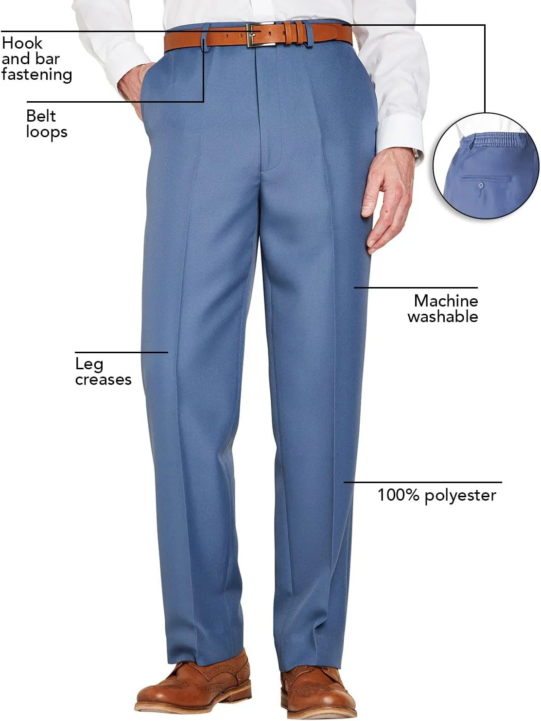 Men's Elasticated Pants with Hidden Stretch Fit Waist Smart Formal Comfortable Golf Slacks