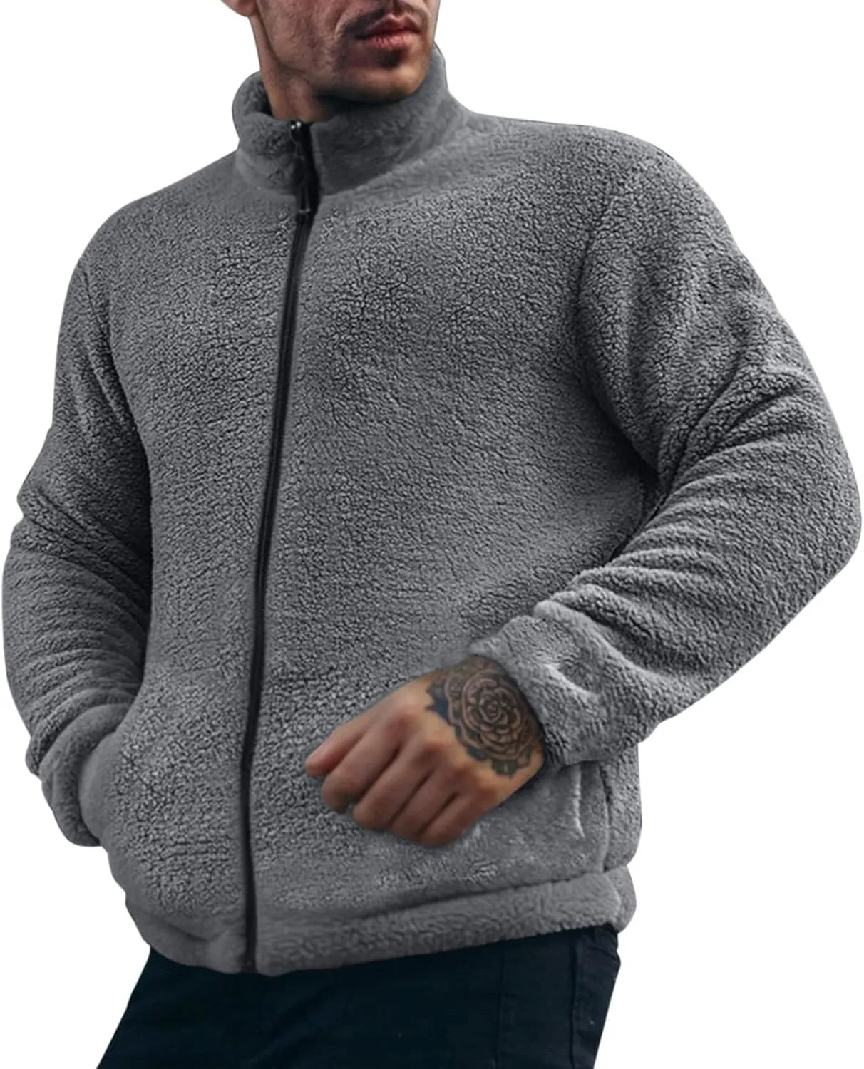 Men's Fuzzy Sherpa Jackets Solid Full Zip Stand Collar Winter Warm Coats Loose Fluffy Fleece Soft Casual Work Outwear