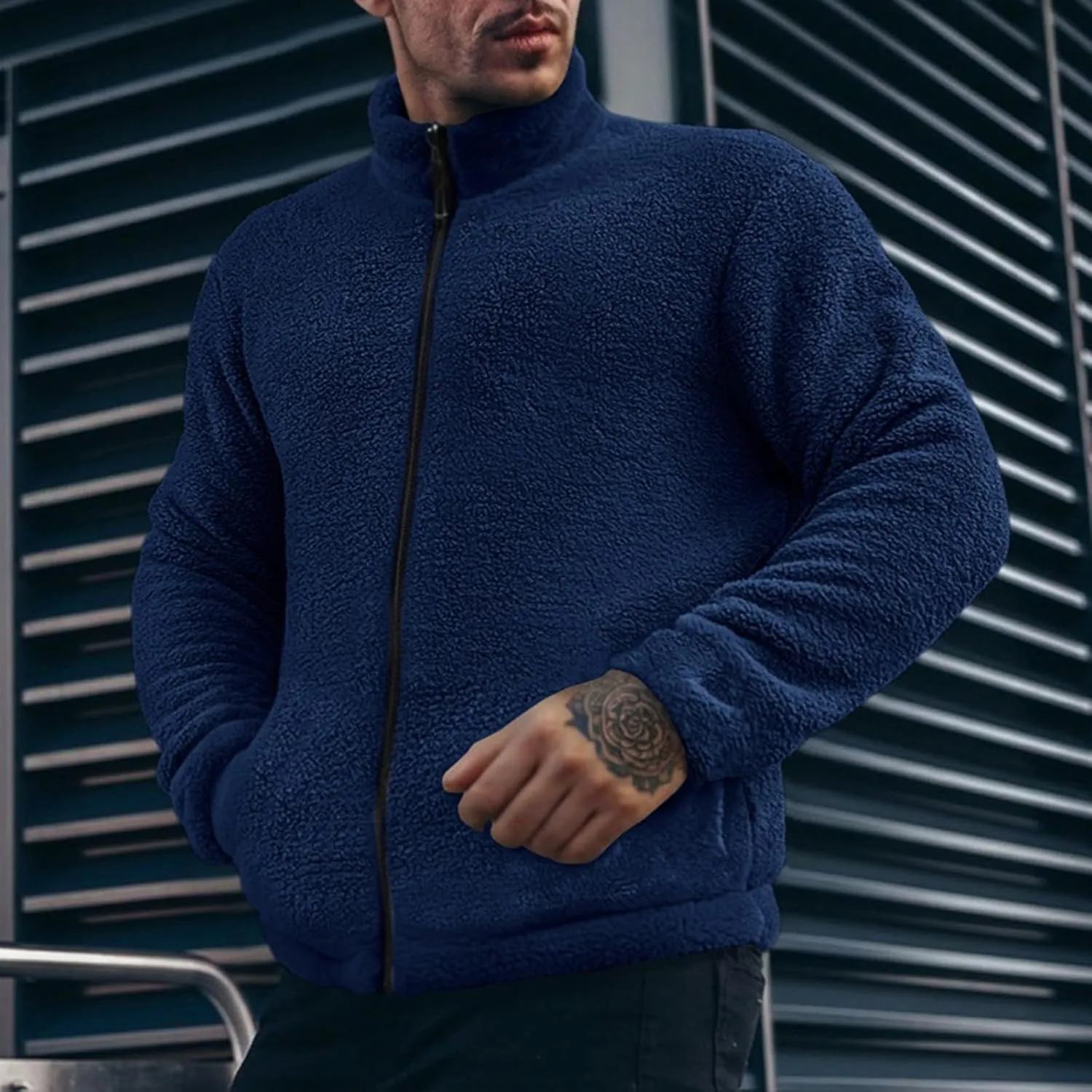 Men's Fuzzy Sherpa Jackets Solid Full Zip Stand Collar Winter Warm Coats Loose Fluffy Fleece Soft Casual Work Outwear