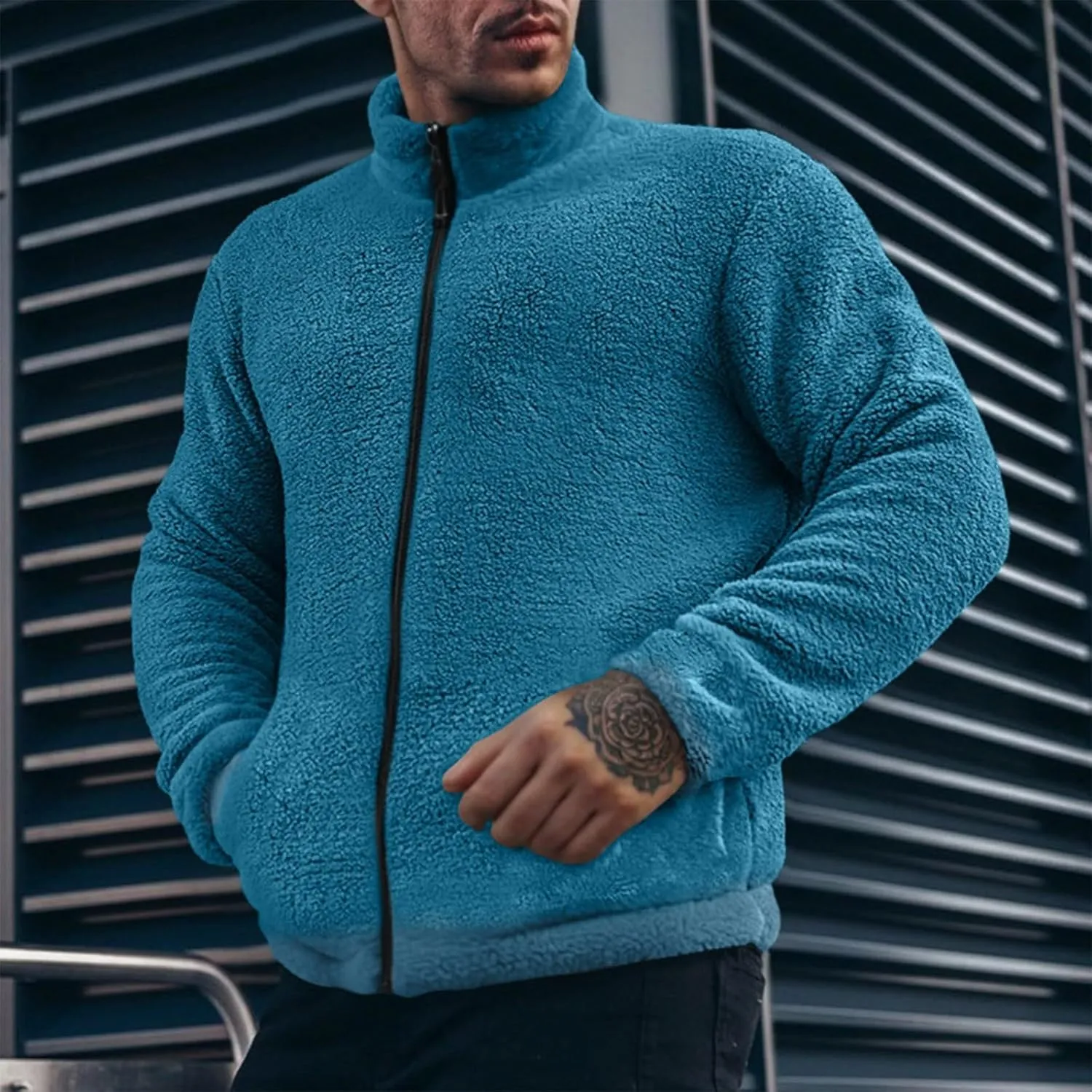 Men's Fuzzy Sherpa Jackets Solid Full Zip Stand Collar Winter Warm Coats Loose Fluffy Fleece Soft Casual Work Outwear
