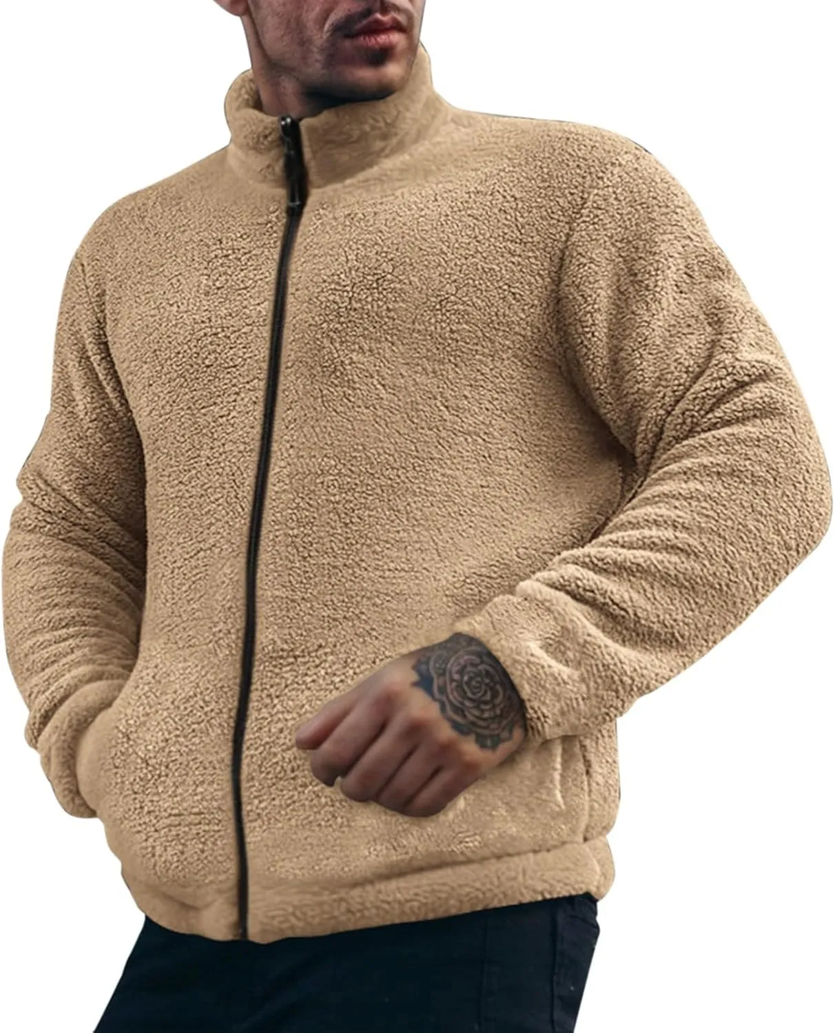 Men's Fuzzy Sherpa Jackets Solid Full Zip Stand Collar Winter Warm Coats Loose Fluffy Fleece Soft Casual Work Outwear