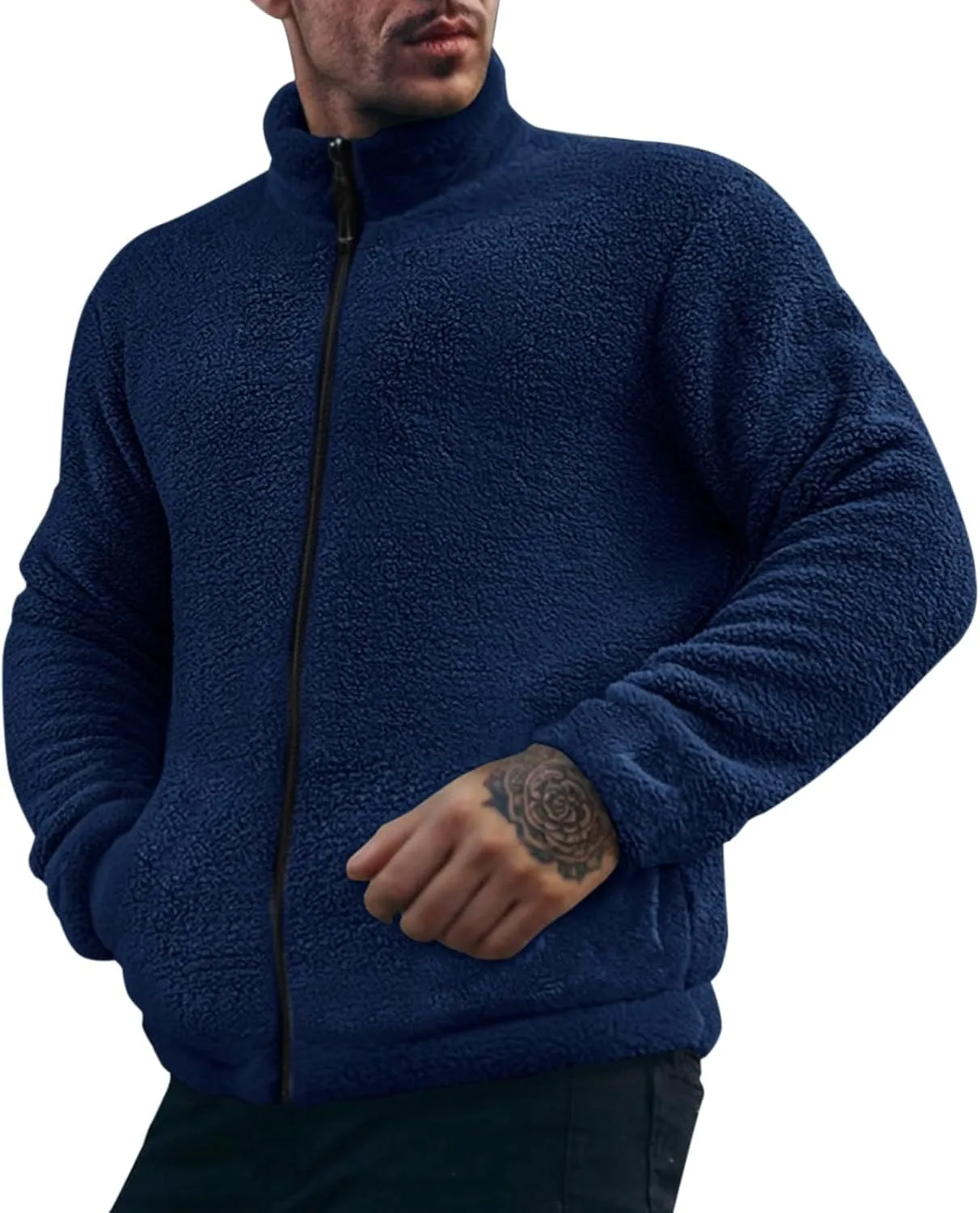 Men's Fuzzy Sherpa Jackets Solid Full Zip Stand Collar Winter Warm Coats Loose Fluffy Fleece Soft Casual Work Outwear