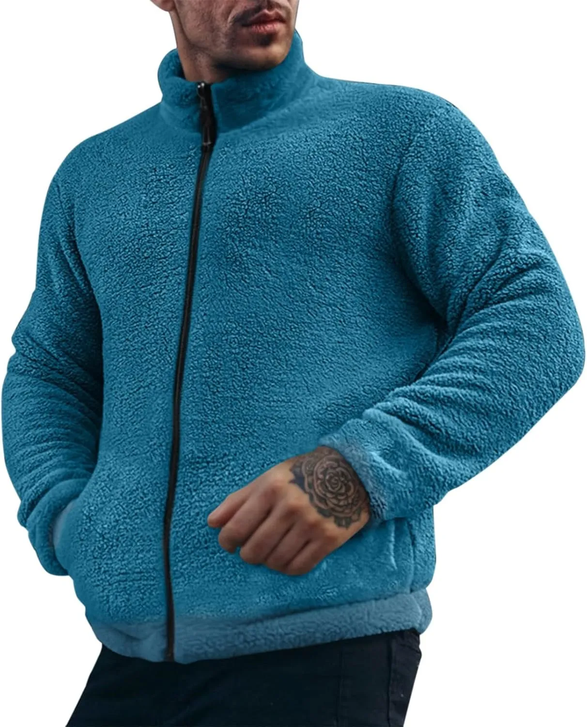 Men's Fuzzy Sherpa Jackets Solid Full Zip Stand Collar Winter Warm Coats Loose Fluffy Fleece Soft Casual Work Outwear