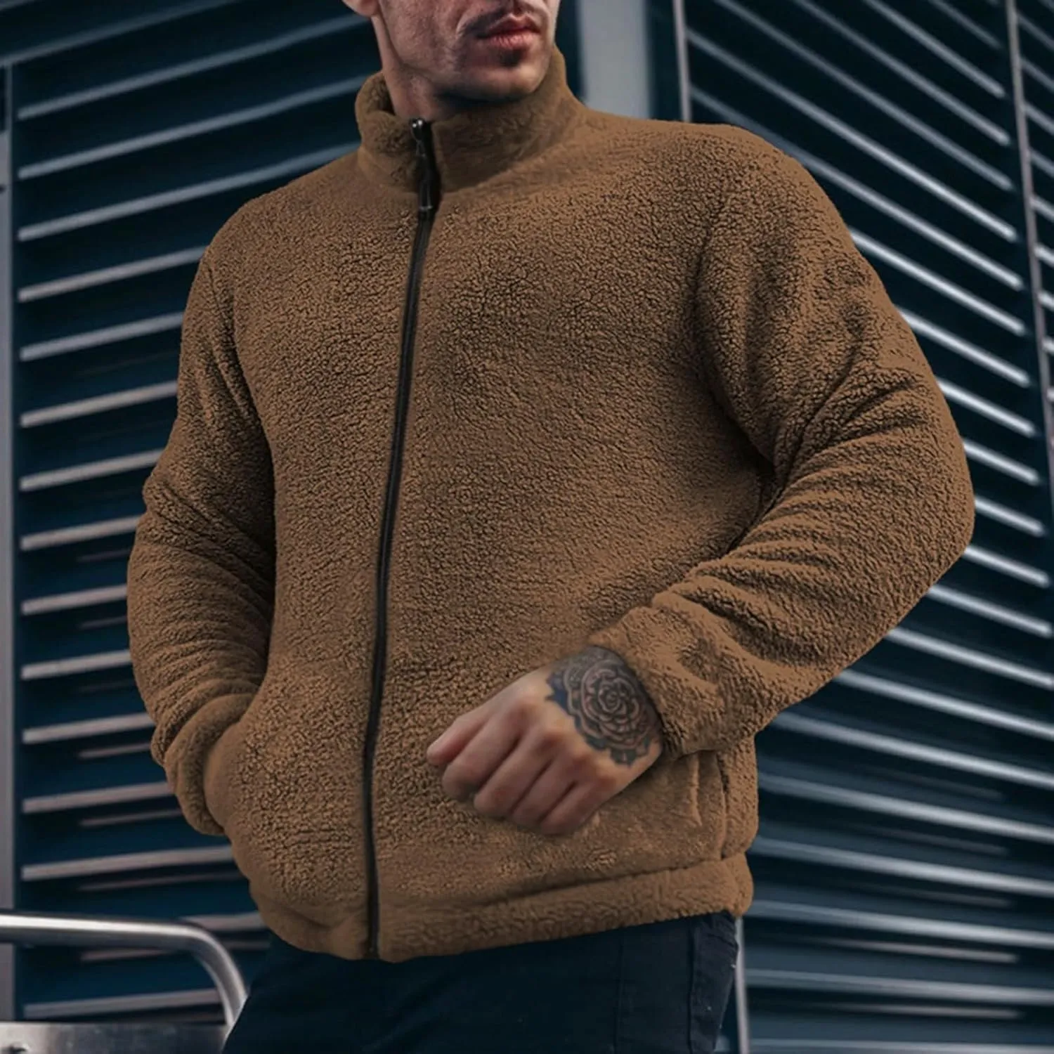 Men's Fuzzy Sherpa Jackets Solid Full Zip Stand Collar Winter Warm Coats Loose Fluffy Fleece Soft Casual Work Outwear