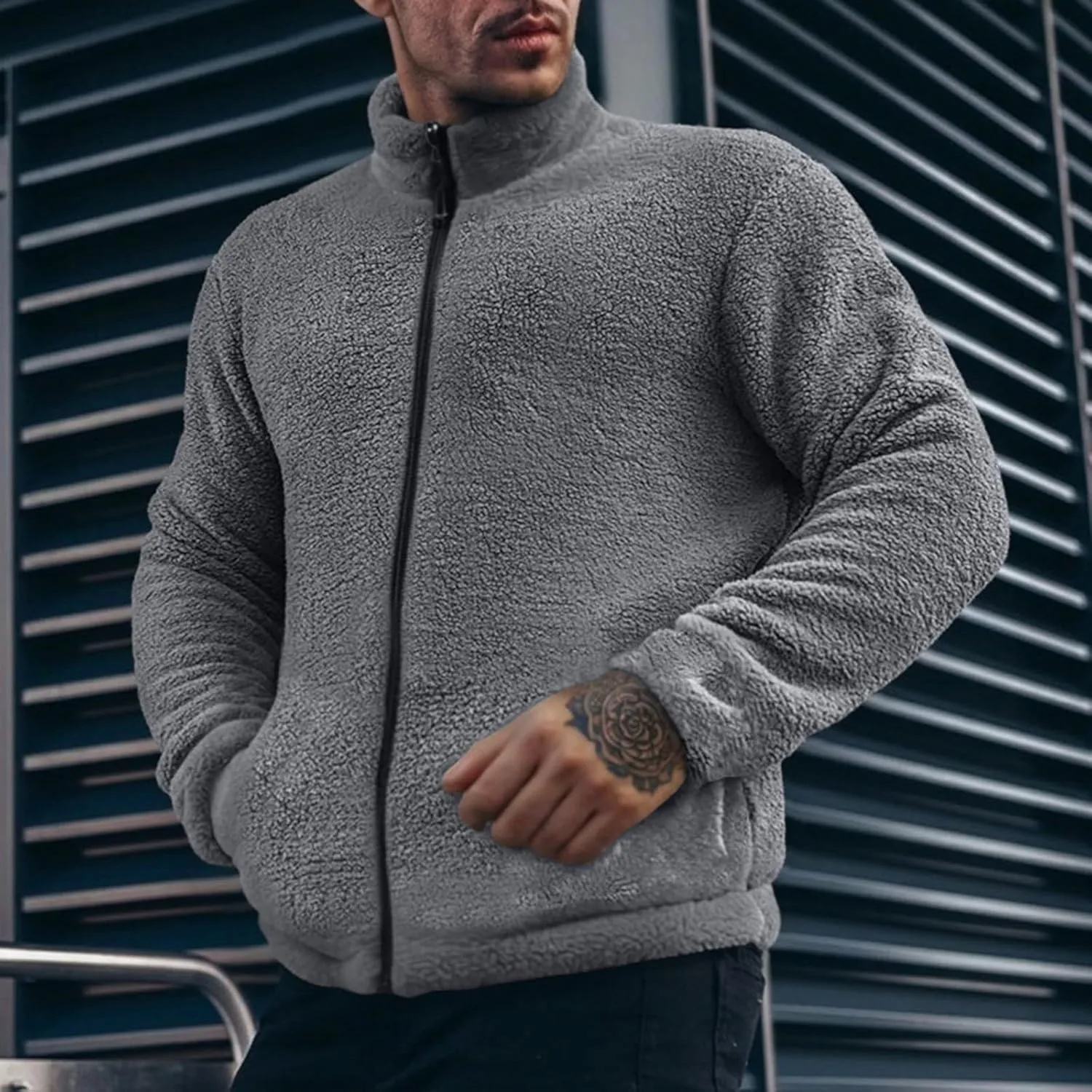 Men's Fuzzy Sherpa Jackets Solid Full Zip Stand Collar Winter Warm Coats Loose Fluffy Fleece Soft Casual Work Outwear