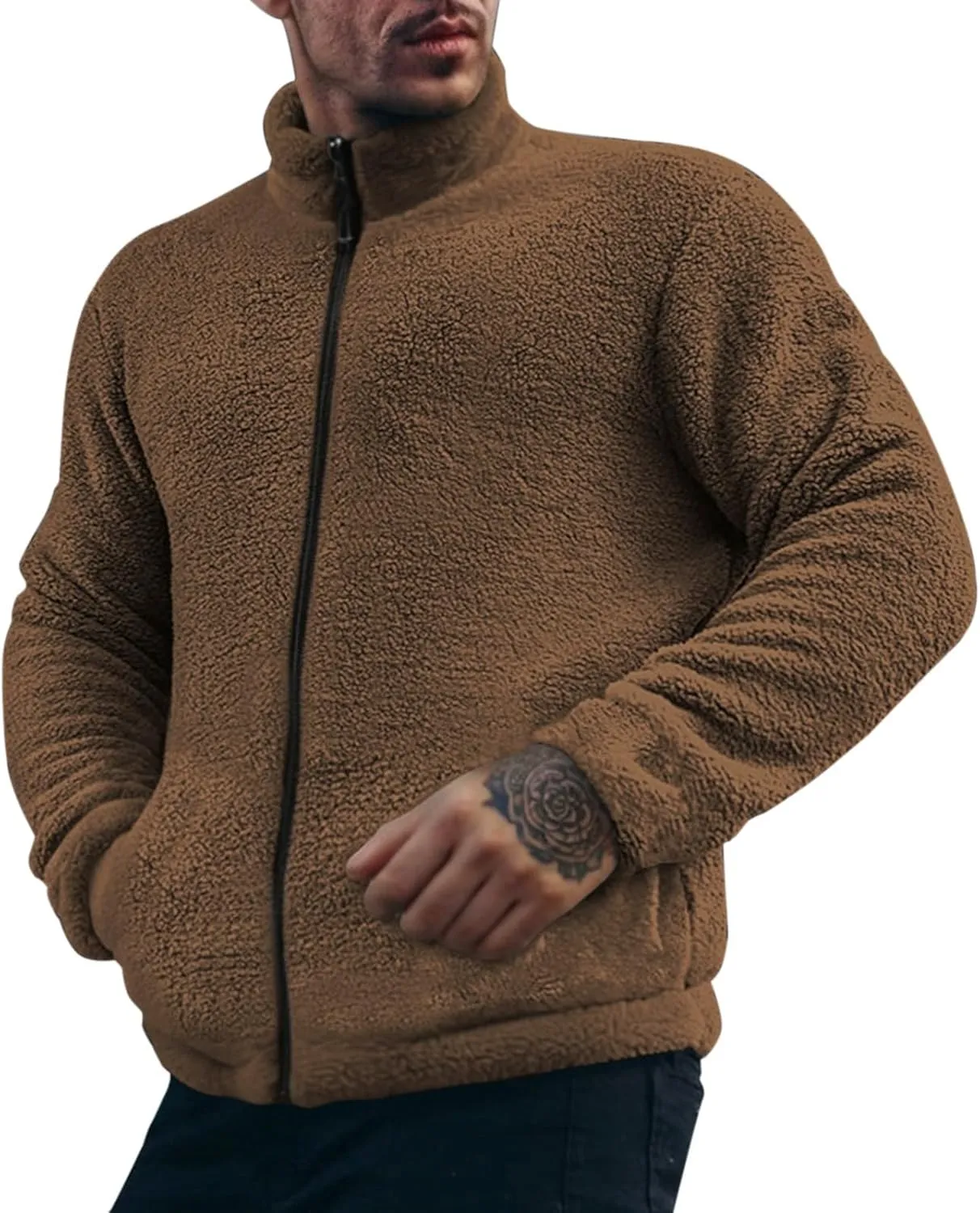 Men's Fuzzy Sherpa Jackets Solid Full Zip Stand Collar Winter Warm Coats Loose Fluffy Fleece Soft Casual Work Outwear