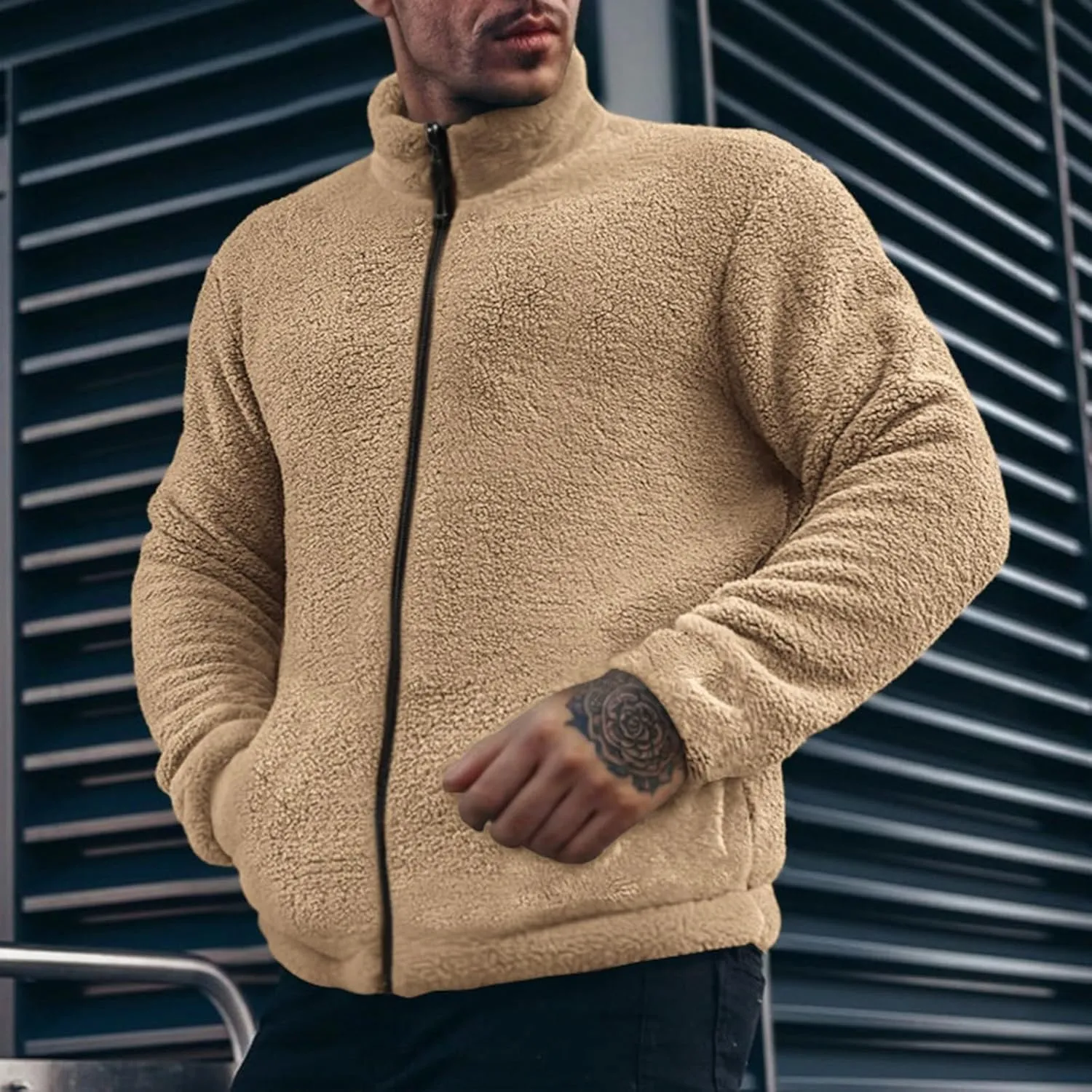 Men's Fuzzy Sherpa Jackets Solid Full Zip Stand Collar Winter Warm Coats Loose Fluffy Fleece Soft Casual Work Outwear