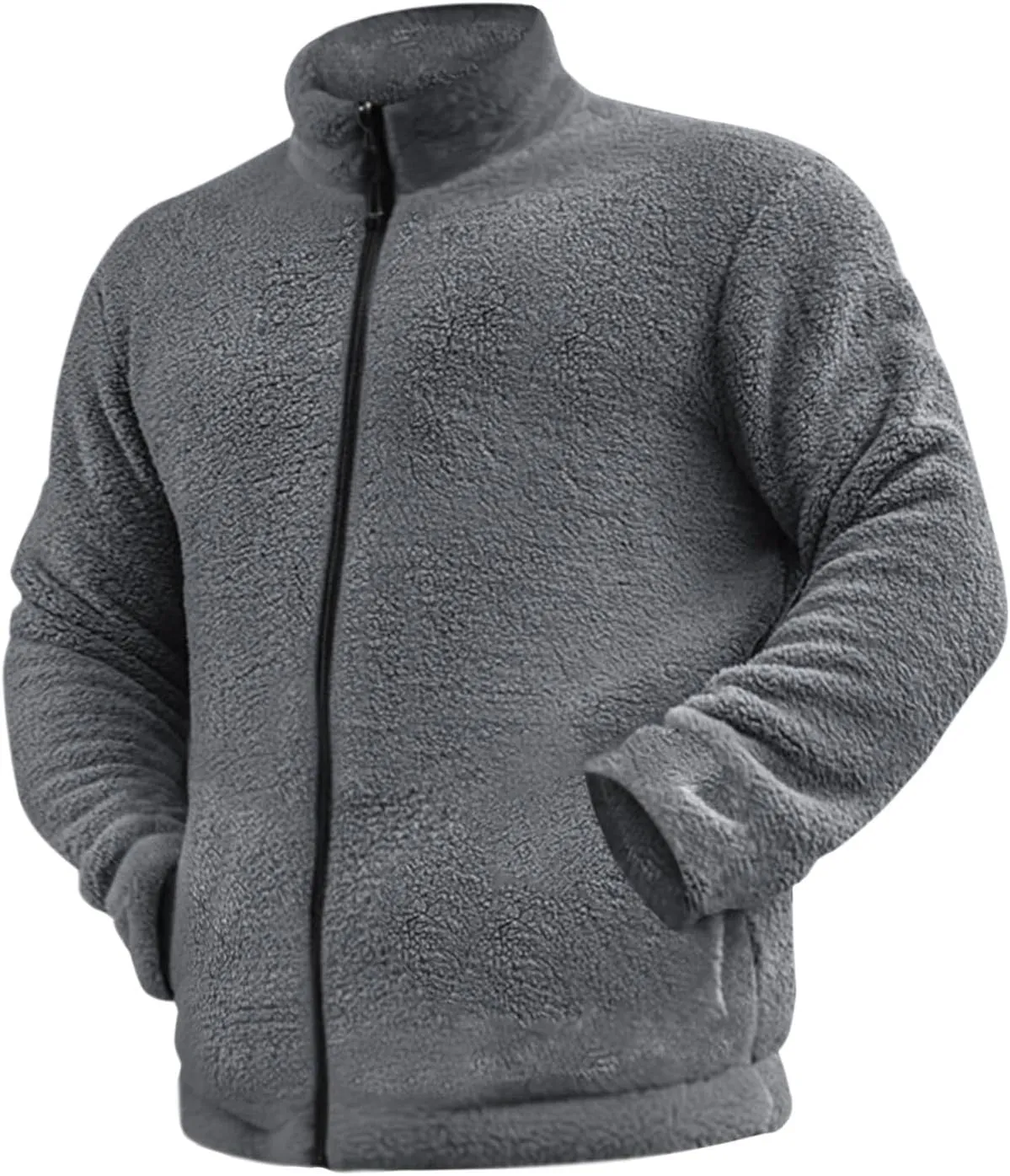 Men's Fuzzy Sherpa Jackets Solid Full Zip Stand Collar Winter Warm Coats Loose Fluffy Fleece Soft Casual Work Outwear