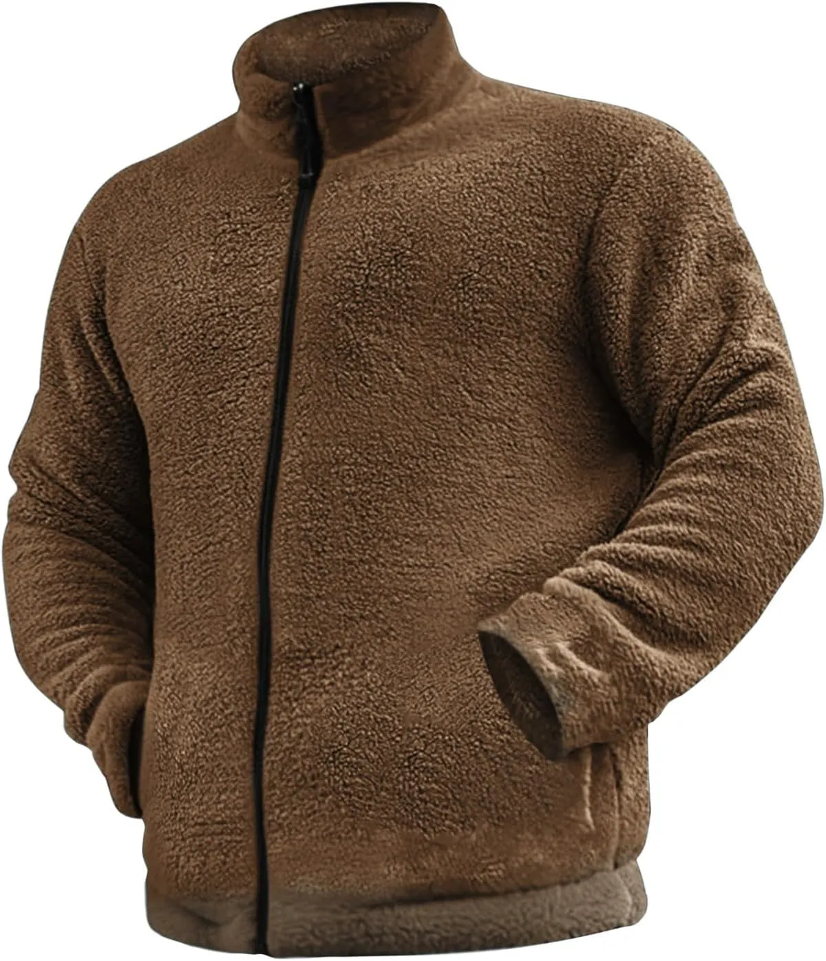 Men's Fuzzy Sherpa Jackets Solid Full Zip Stand Collar Winter Warm Coats Loose Fluffy Fleece Soft Casual Work Outwear