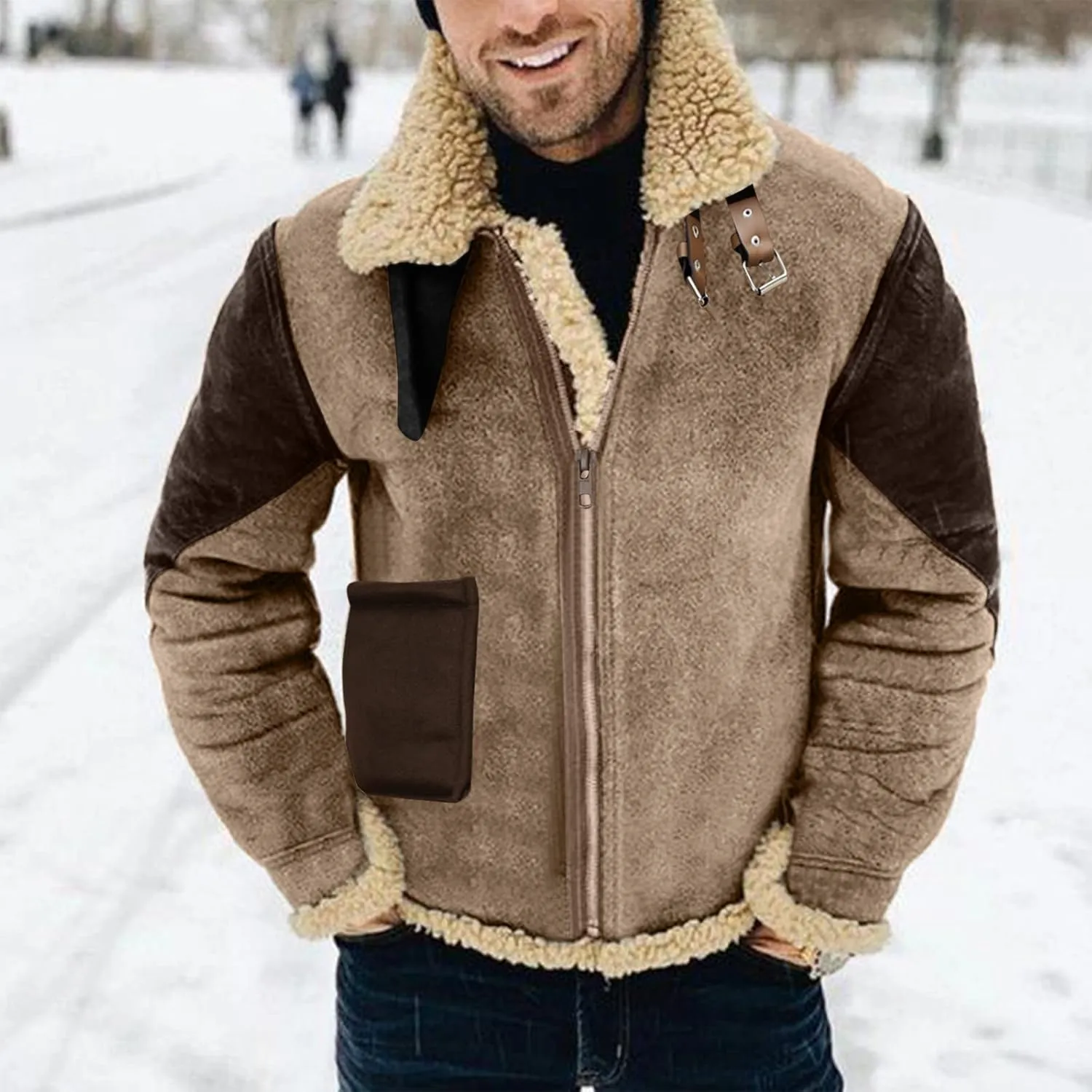 Men's Lamb Wool Bomber Coat Faux Leather Sherpa Fleece Lined Jackets Full Zip Heavyweight Suede Faux Fur Trench Coat