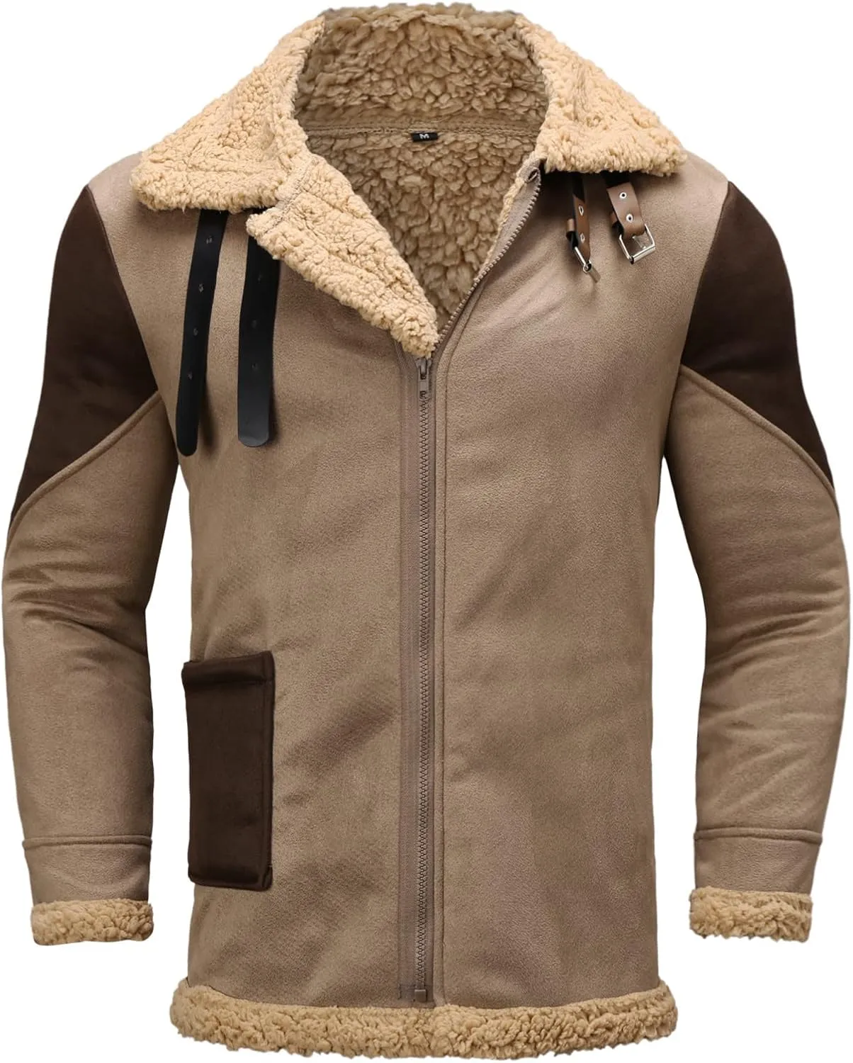 Men's Lamb Wool Bomber Coat Faux Leather Sherpa Fleece Lined Jackets Full Zip Heavyweight Suede Faux Fur Trench Coat