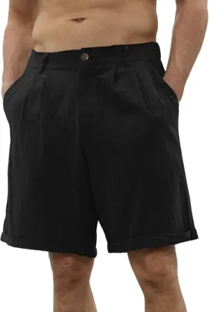 Men's Linen Shorts Casual Business Work Wear Classic Stretch Lightweight Summer Shorts Relaxed Fit Pleated Pants
