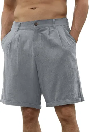 Men's Linen Shorts Casual Business Work Wear Classic Stretch Lightweight Summer Shorts Relaxed Fit Pleated Pants