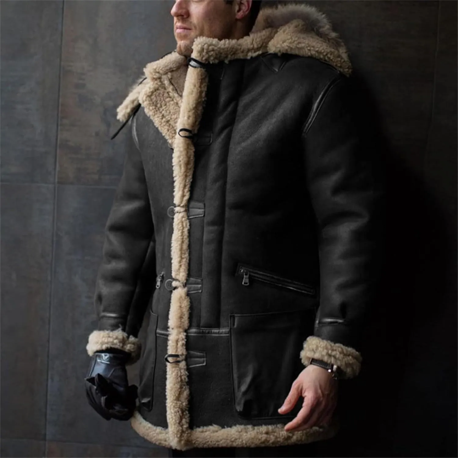 Men's Long Restore Faux Fur Jacket Sherpa Fleece Lined Thickened Jacket Casual Coat with Pocket Fall Winter
