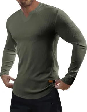 Mens Long Sleeve Muscle T Shirts Casual V-Neck Henley Longline Ribbed Slim Fit Tee Shirts Gym Workout Athletic Shirts
