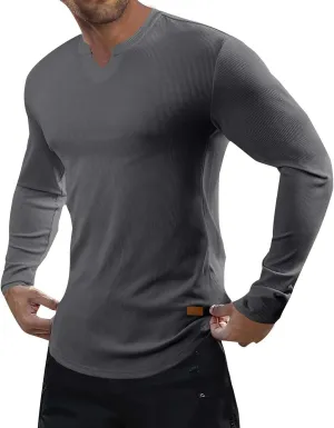 Mens Long Sleeve Muscle T Shirts Casual V-Neck Henley Longline Ribbed Slim Fit Tee Shirts Gym Workout Athletic Shirts