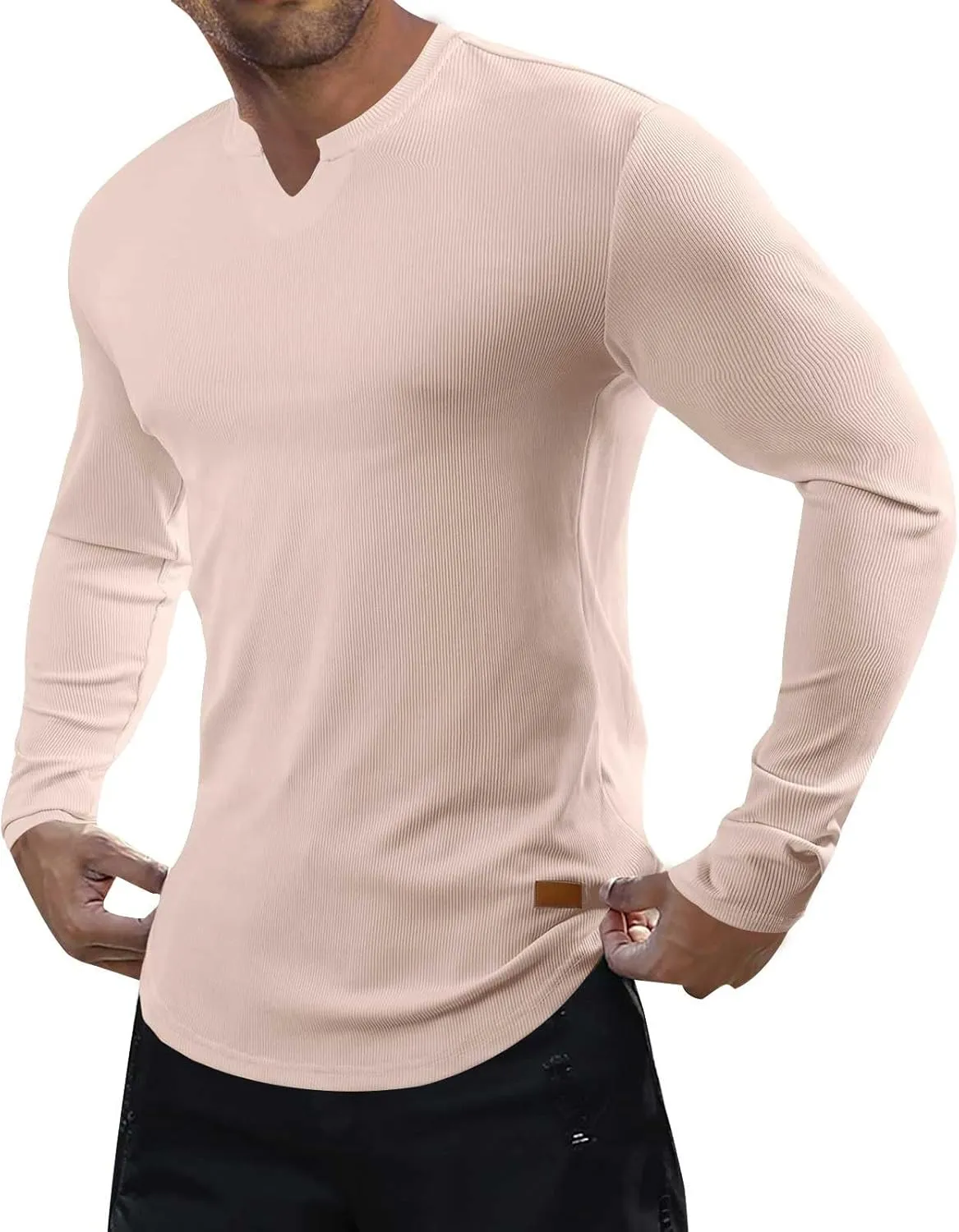 Mens Long Sleeve Muscle T Shirts Casual V-Neck Henley Longline Ribbed Slim Fit Tee Shirts Gym Workout Athletic Shirts