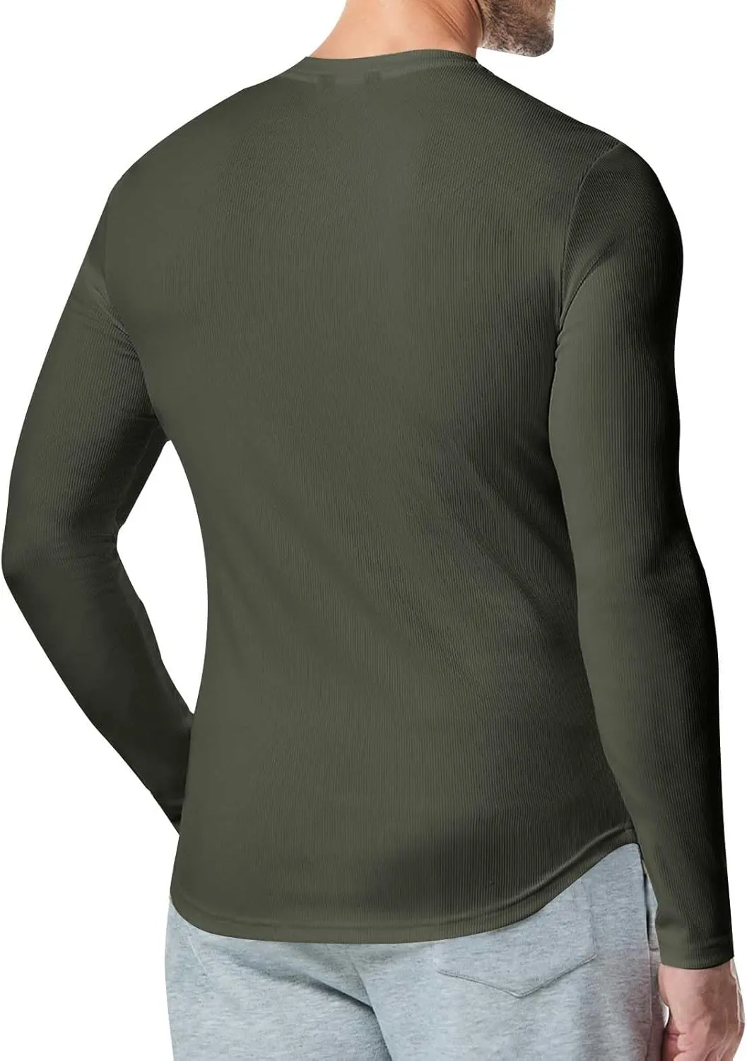 Mens Long Sleeve Muscle T Shirts Casual V-Neck Henley Longline Ribbed Slim Fit Tee Shirts Gym Workout Athletic Shirts