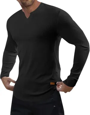 Mens Long Sleeve Muscle T Shirts Casual V-Neck Henley Longline Ribbed Slim Fit Tee Shirts Gym Workout Athletic Shirts