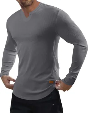 Mens Long Sleeve Muscle T Shirts Casual V-Neck Henley Longline Ribbed Slim Fit Tee Shirts Gym Workout Athletic Shirts