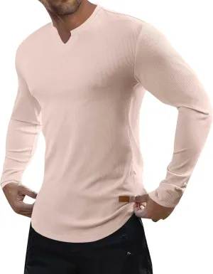 Mens Long Sleeve Muscle T Shirts Casual V-Neck Henley Longline Ribbed Slim Fit Tee Shirts Gym Workout Athletic Shirts