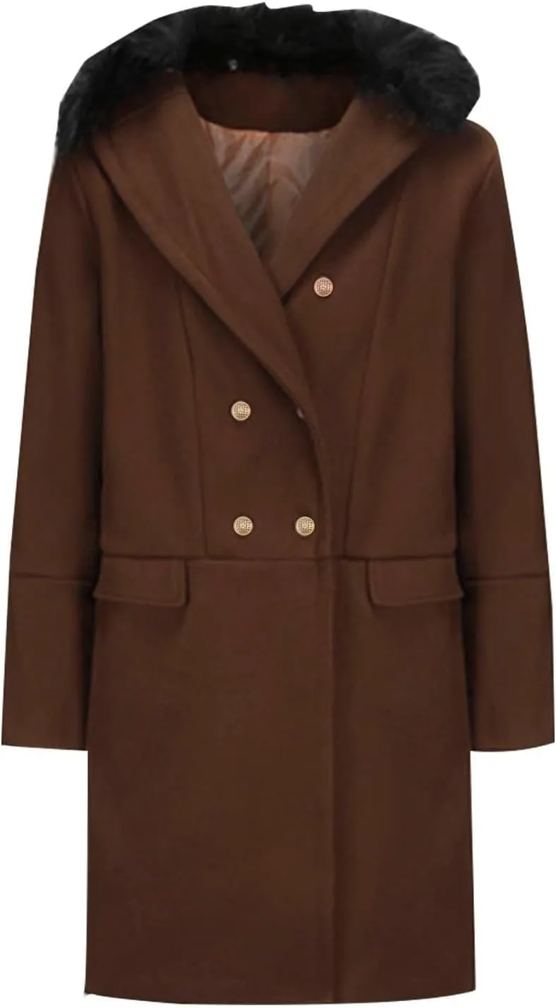 Mens Long Trench Coat Faux Fur Lapel Coat Double Breasted Pea Coat Windbreaker Overcoat Thick Warm Winter Jackets