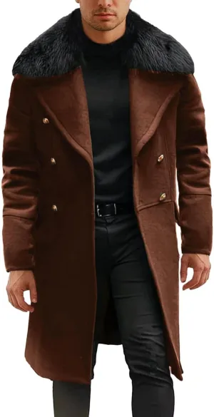 Mens Long Trench Coat Faux Fur Lapel Coat Double Breasted Pea Coat Windbreaker Overcoat Thick Warm Winter Jackets