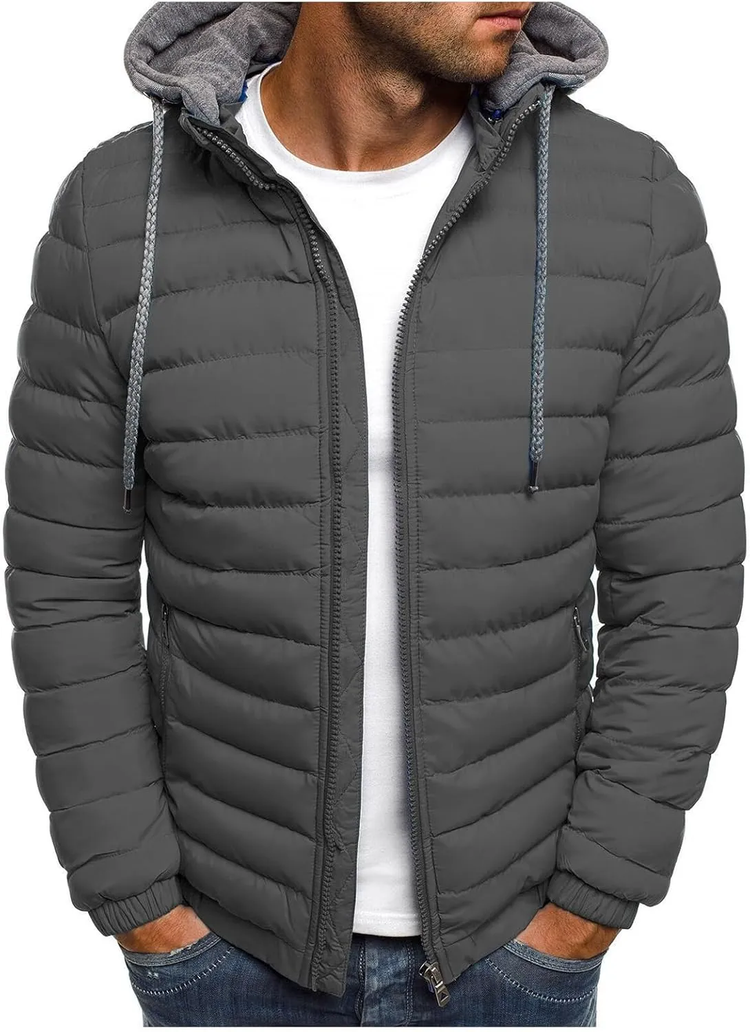 Men's Packable Puffer Jackets Lightweight Quilted Padded Jacket Hooded Detachable Down Bubble Coats Casual Tops