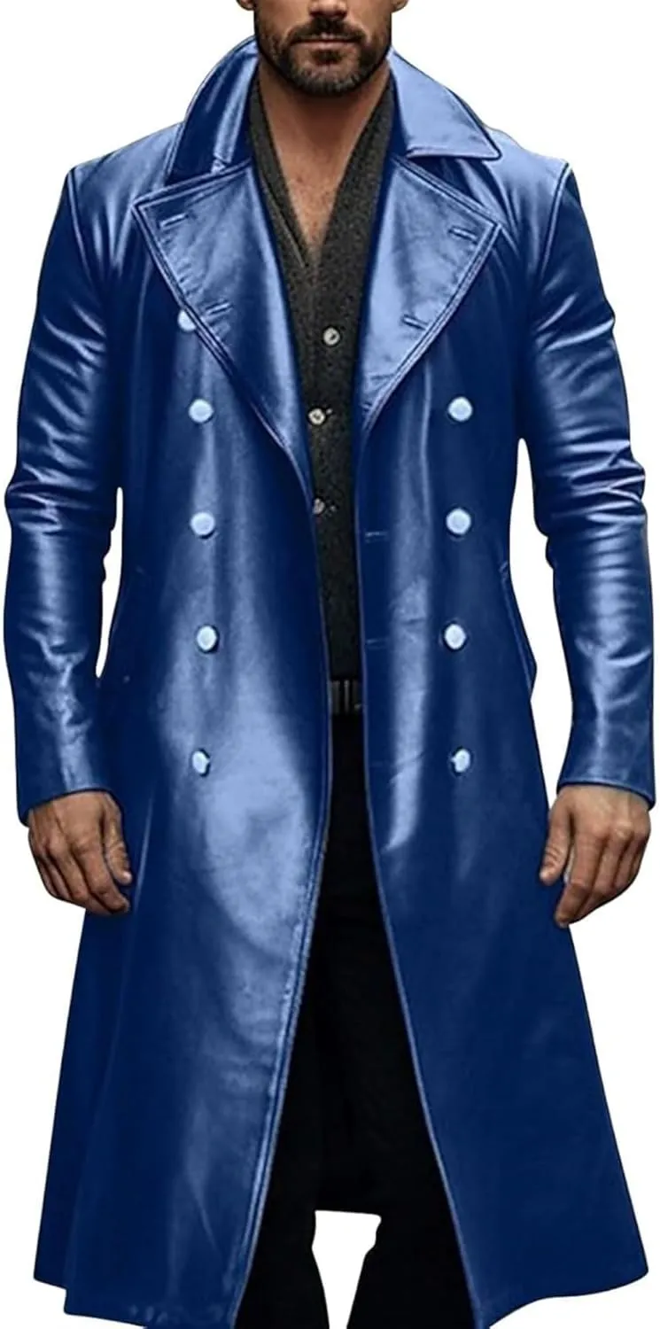 Men's Retro Leather Trench Coat Lapel Collar Long Coat Leather Coat Faux Leather Jacket Outwear Autumn Winter