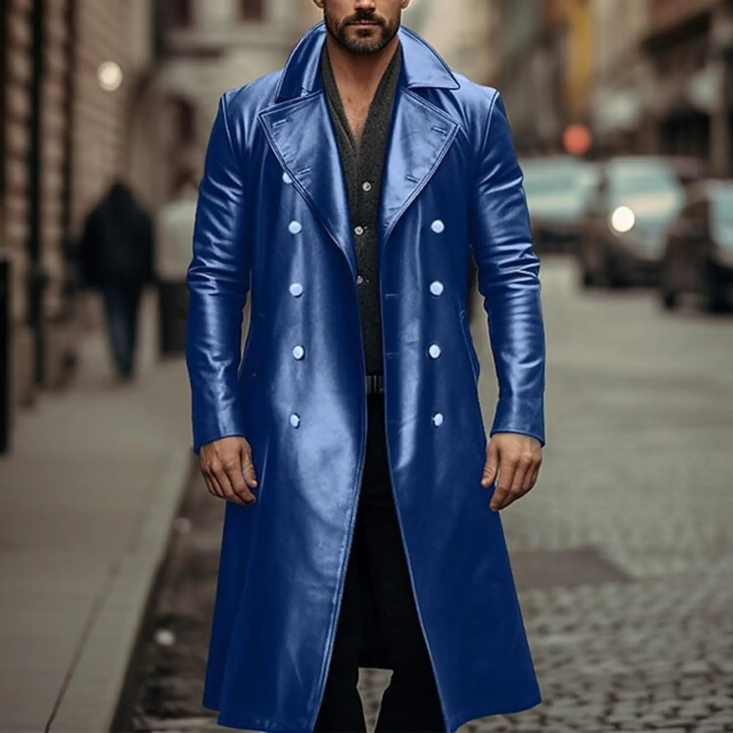 Men's Retro Leather Trench Coat Lapel Collar Long Coat Leather Coat Faux Leather Jacket Outwear Autumn Winter