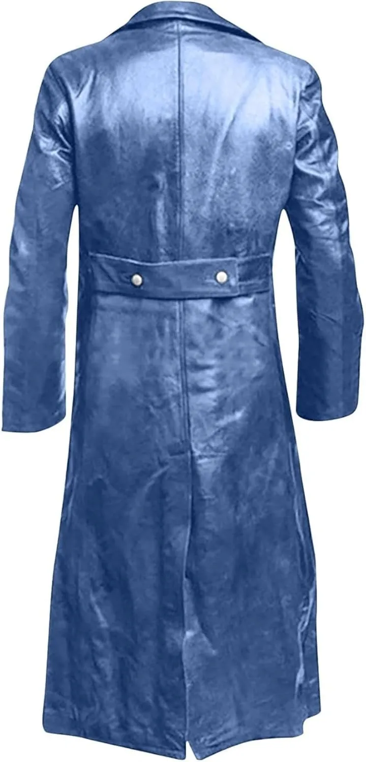 Men's Retro Leather Trench Coat Lapel Collar Long Coat Leather Coat Faux Leather Jacket Outwear Autumn Winter