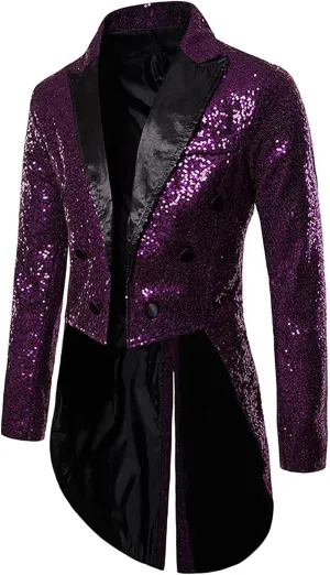 Mens Sequin Tuxedo Tailcoat Swallowtail Suit Jacket Dinner Prom Party Wedding Blazer Slim Fit Show Tux Dress Coat