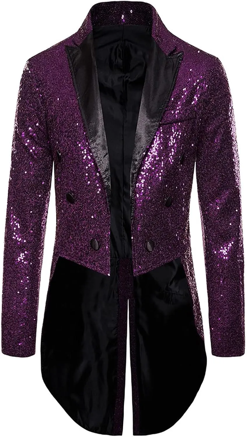 Mens Sequin Tuxedo Tailcoat Swallowtail Suit Jacket Dinner Prom Party Wedding Blazer Slim Fit Show Tux Dress Coat
