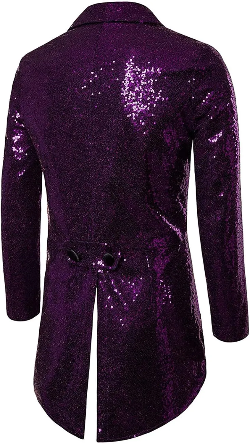 Mens Sequin Tuxedo Tailcoat Swallowtail Suit Jacket Dinner Prom Party Wedding Blazer Slim Fit Show Tux Dress Coat