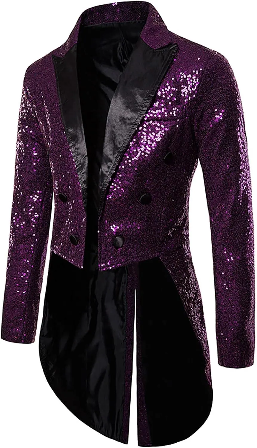 Mens Sequin Tuxedo Tailcoat Swallowtail Suit Jacket Dinner Prom Party Wedding Blazer Slim Fit Show Tux Dress Coat