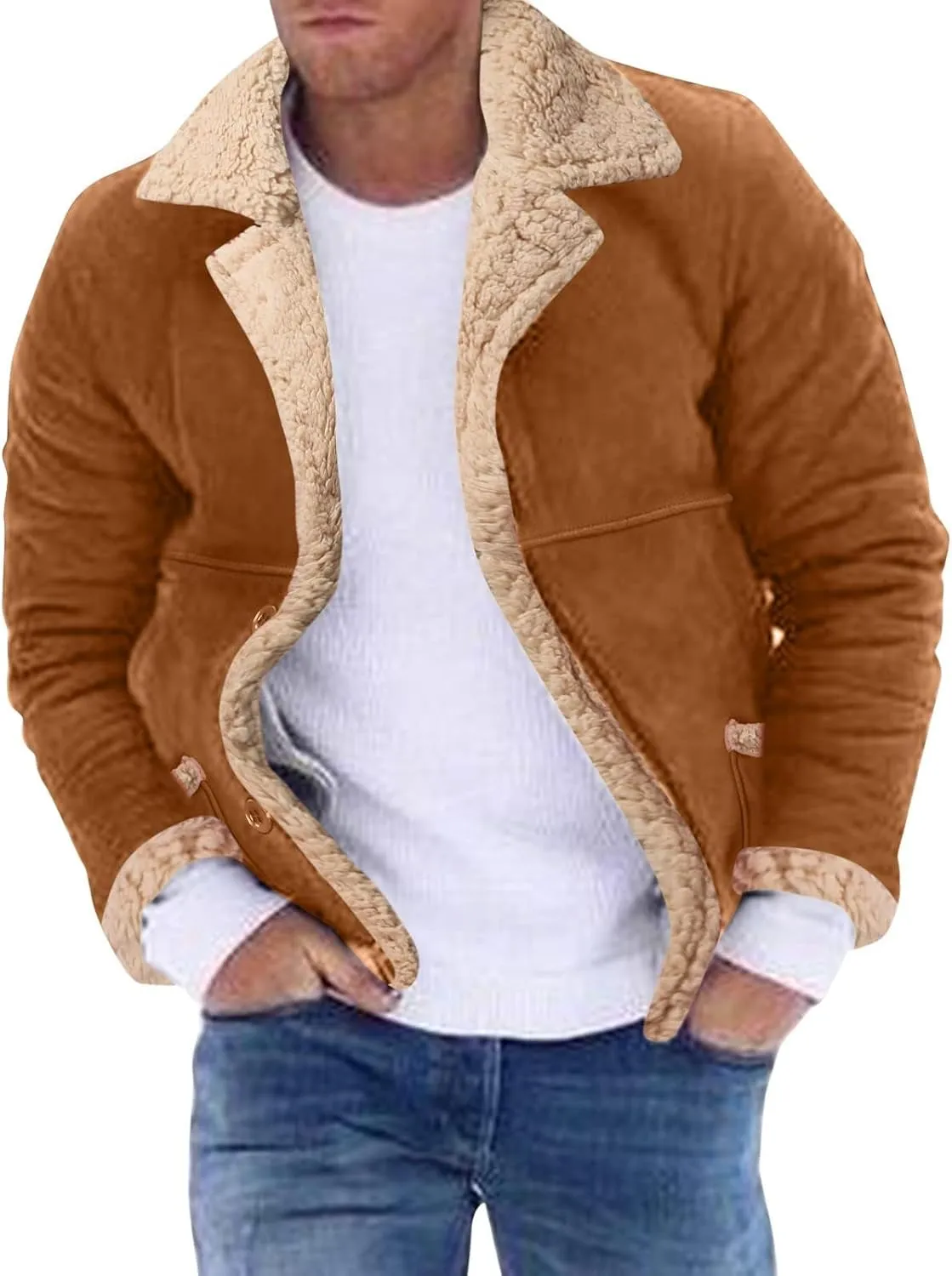 Men's Sherpa Lined Jacket Faux Leather Coats Sheepskin Bomber Jackets Winter Warm Trench Coat with Pocket