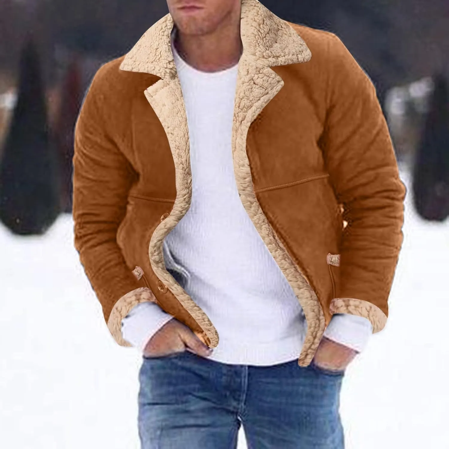 Men's Sherpa Lined Jacket Faux Leather Coats Sheepskin Bomber Jackets Winter Warm Trench Coat with Pocket