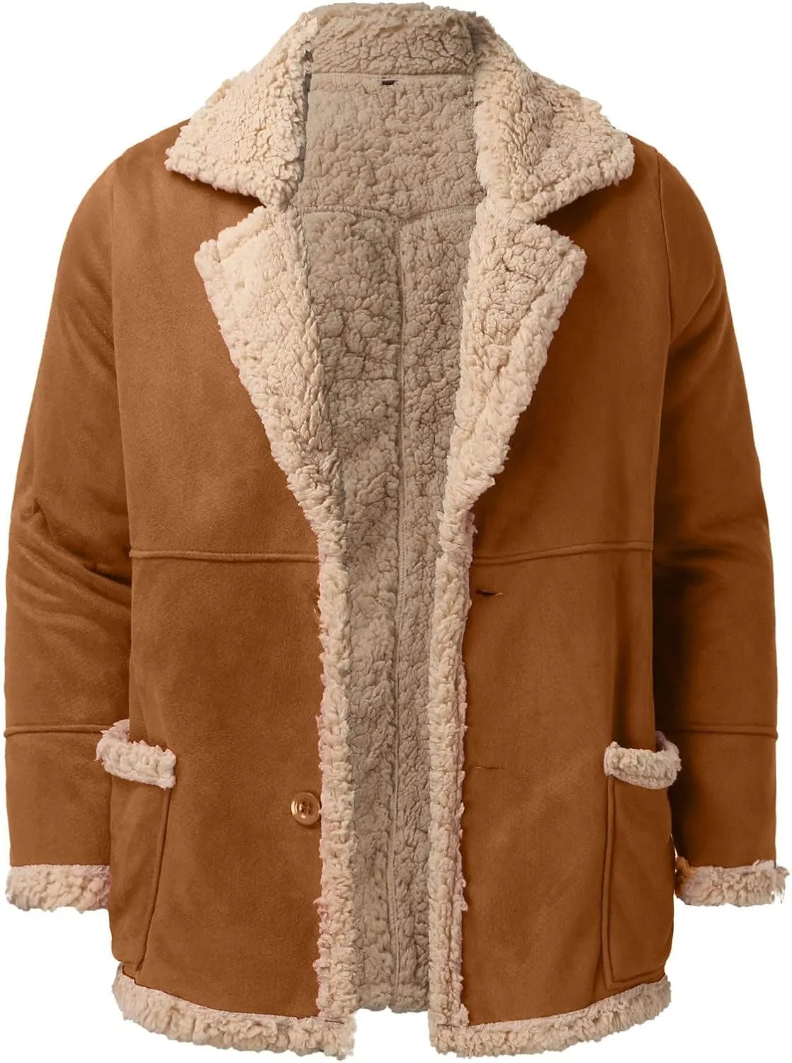 Men's Sherpa Lined Jacket Faux Leather Coats Sheepskin Bomber Jackets Winter Warm Trench Coat with Pocket