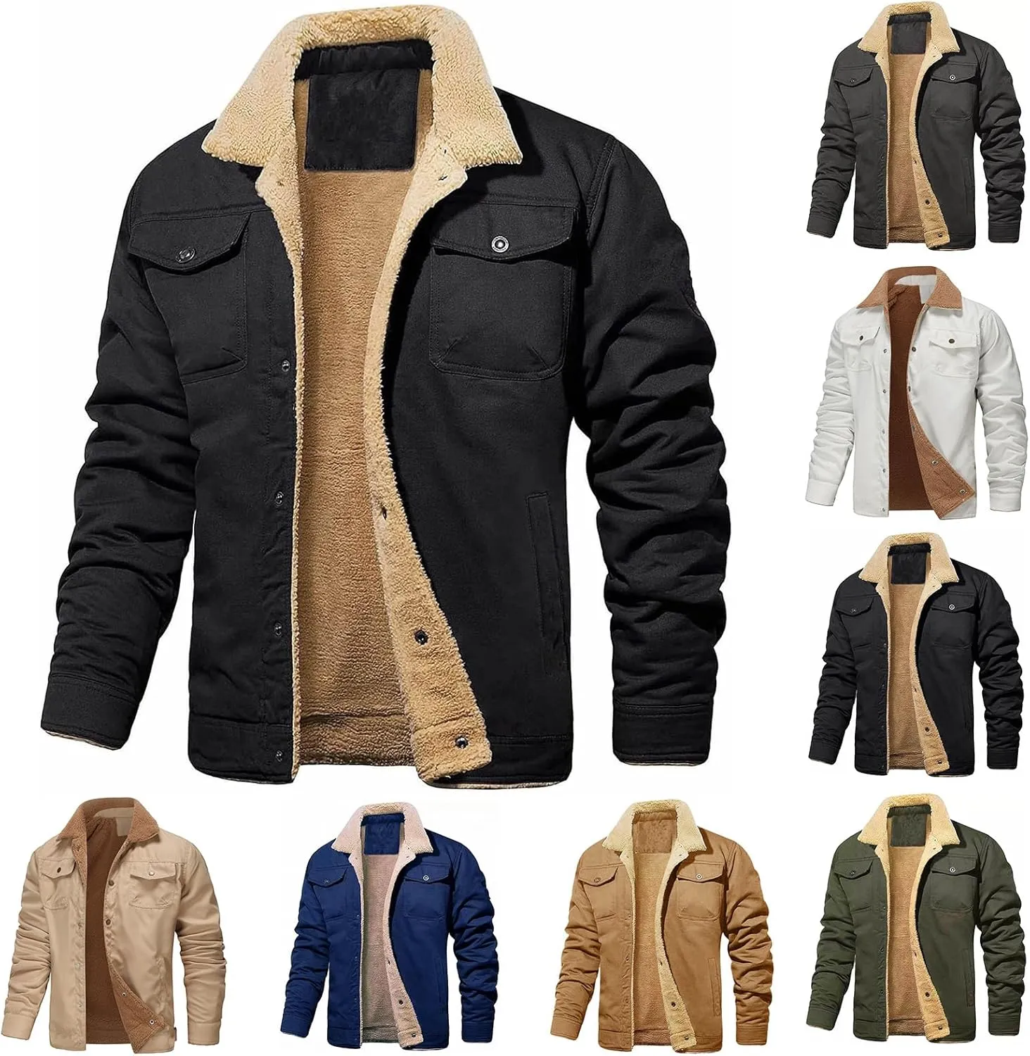 Men's Sherpa Lined Warm Jacket Plus Velvet Cotton Tooling Jacket Casual Coat Autumn Winter