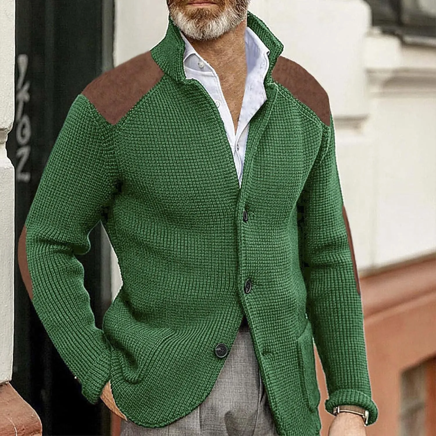 Mens Slim Fit Button Up Patch Cardigan Sweater V Neck Long Sleeve Vintage Cable Knit Cardigan Ribbed Basic Sweater