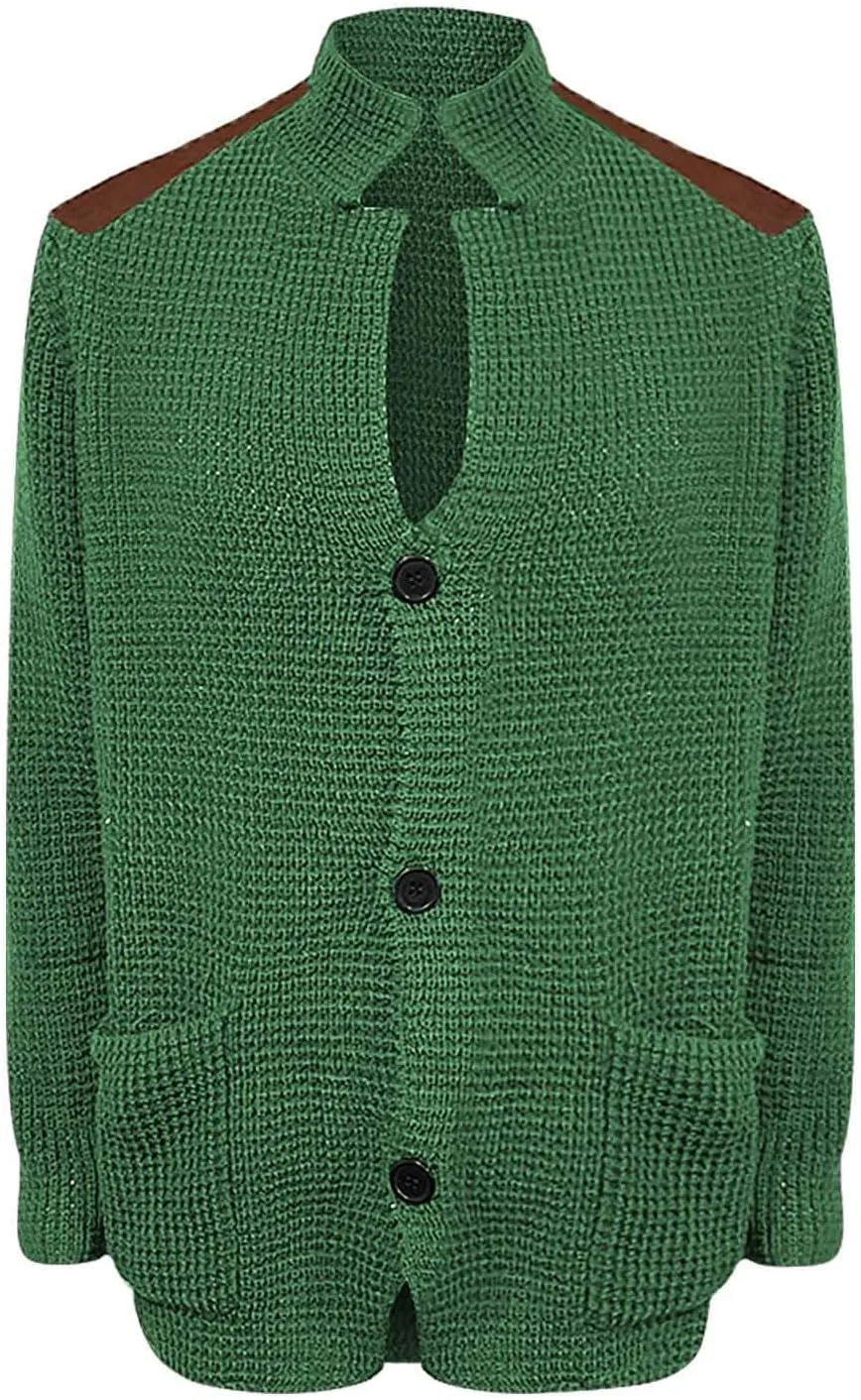 Mens Slim Fit Button Up Patch Cardigan Sweater V Neck Long Sleeve Vintage Cable Knit Cardigan Ribbed Basic Sweater