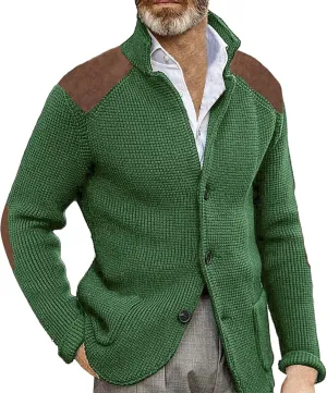 Mens Slim Fit Button Up Patch Cardigan Sweater V Neck Long Sleeve Vintage Cable Knit Cardigan Ribbed Basic Sweater