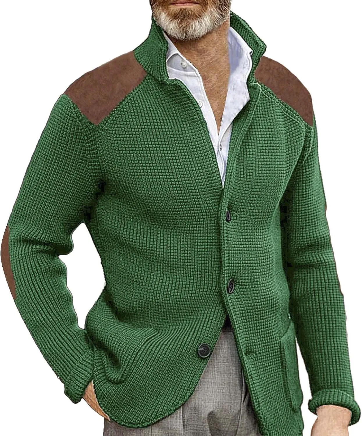 Mens Slim Fit Button Up Patch Cardigan Sweater V Neck Long Sleeve Vintage Cable Knit Cardigan Ribbed Basic Sweater