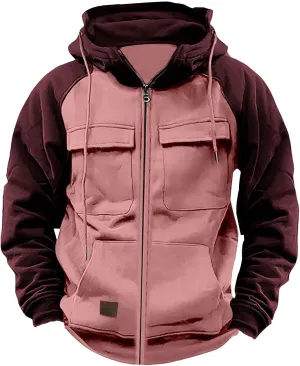 Men's Tactical Jacket Hooded Cargo Coats Color Block Military Jackets with Multi Pockets
